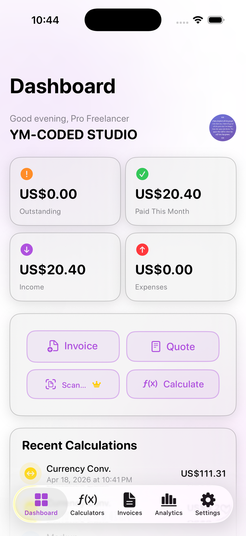 BizCalc Pro iOS Dashboard