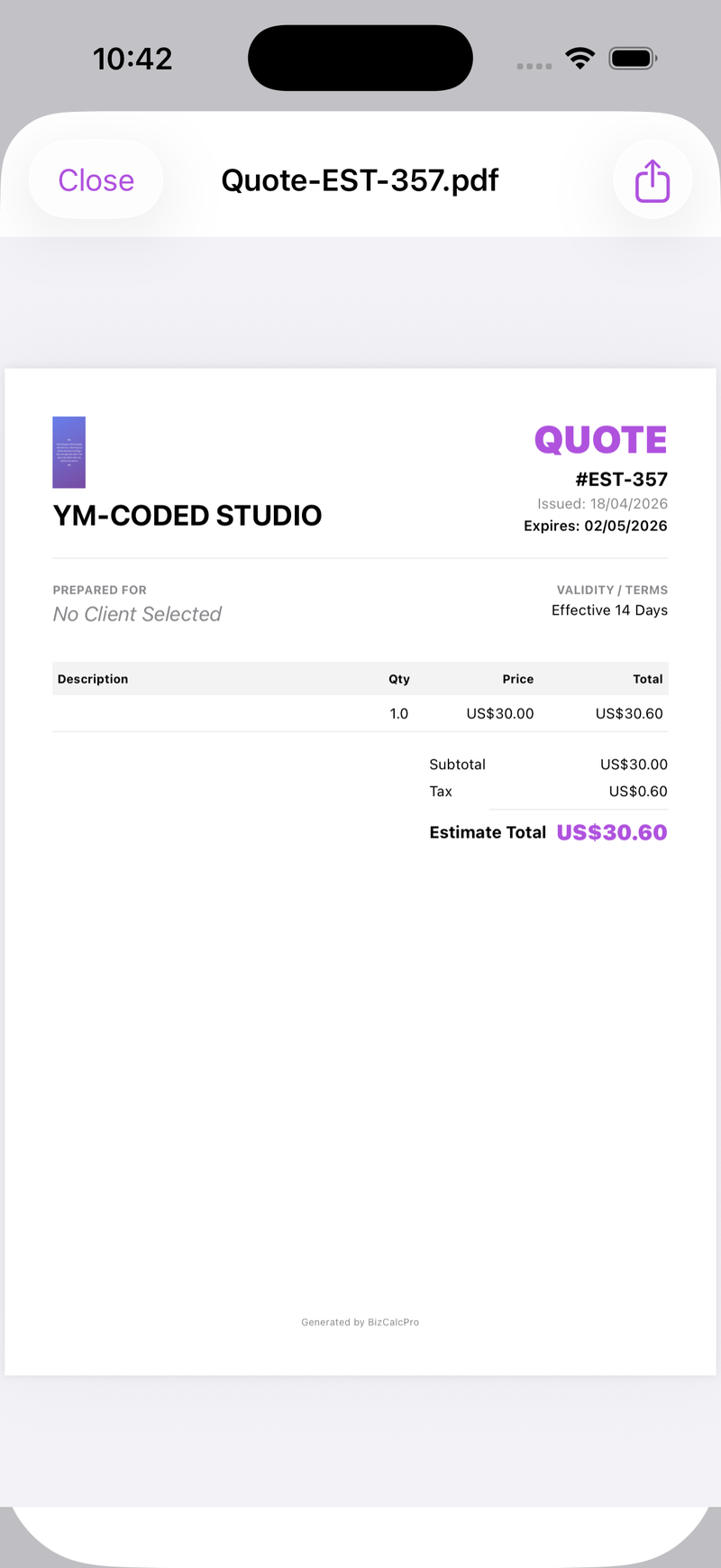 High Resolution PDF Quote Preview